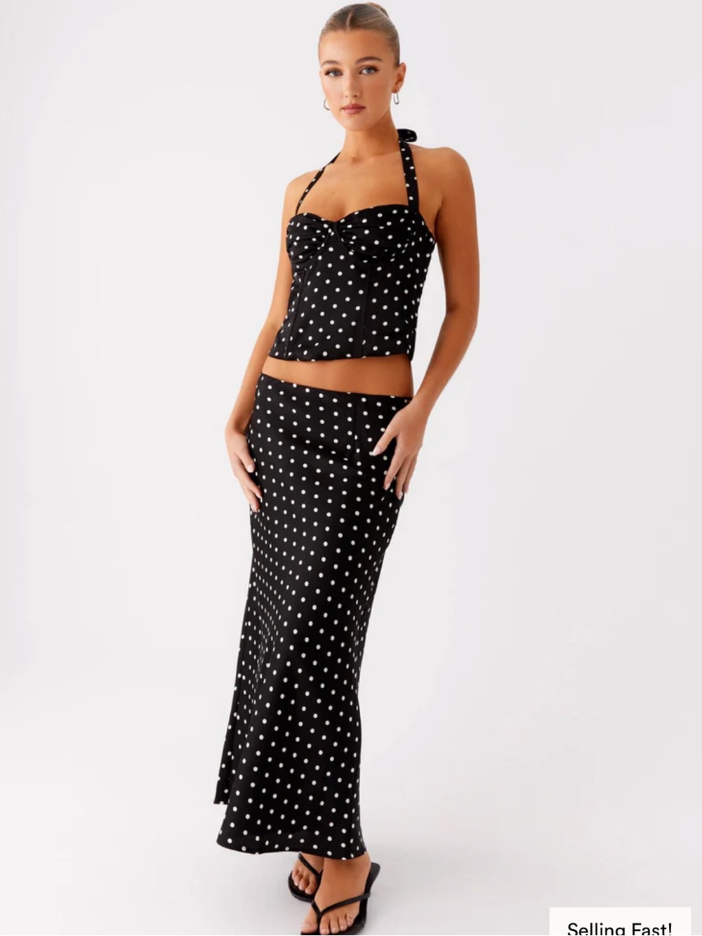 Peppermayo Black and White Polka Dot Halter Tank and Midi Skirt Set